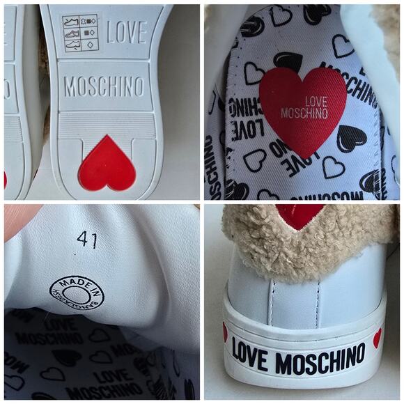 Love Moschino Sequin Heart Sneakers Size EU41 US 11 Shearling Trim White Leather - Picture 8 of 15